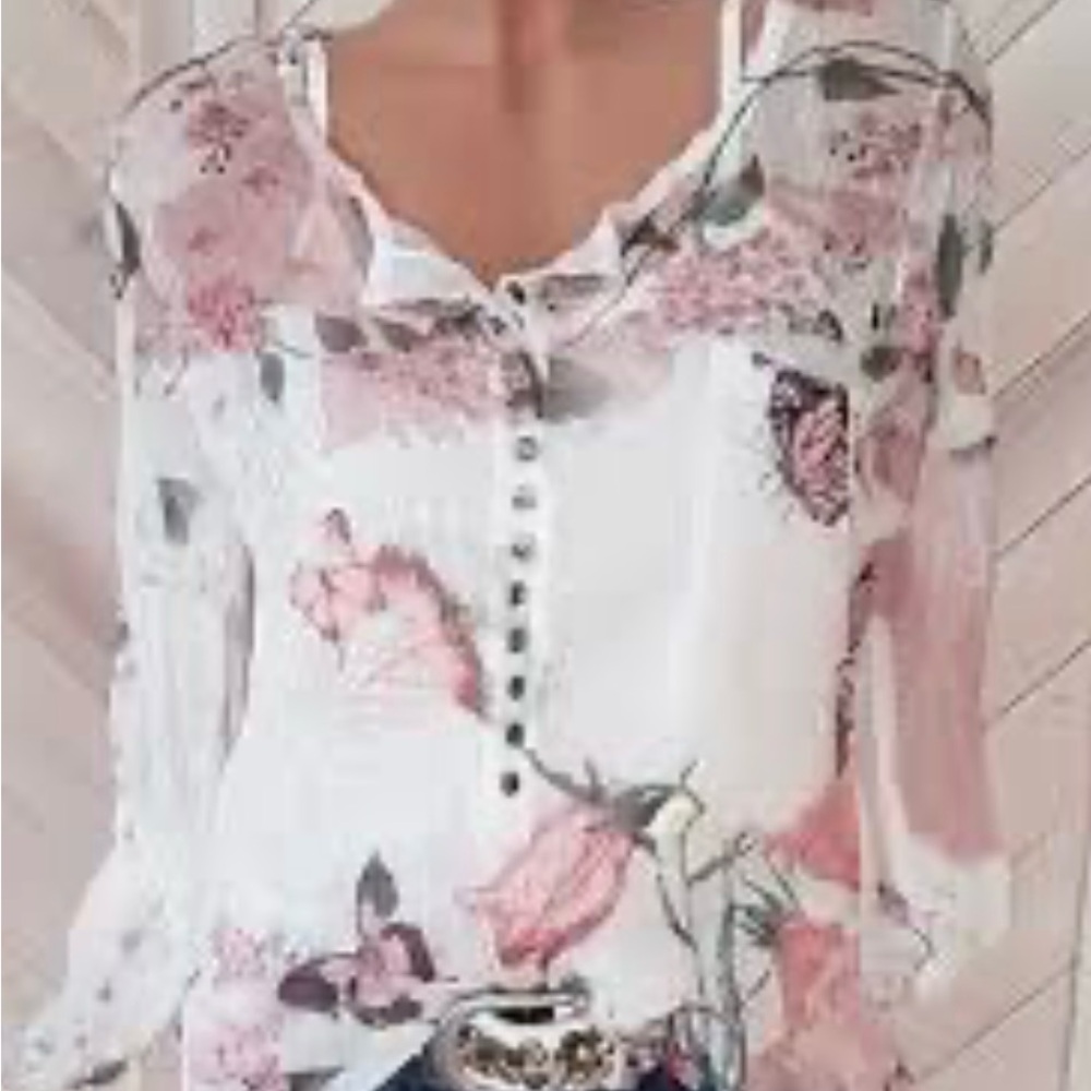 Floral Sheer Blouse - White and Pink